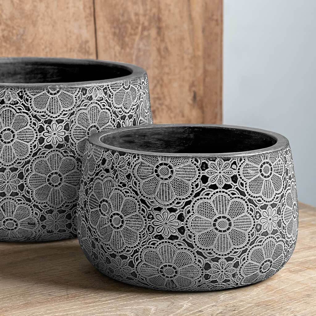 Etched Daisy Planter || Dusty Black