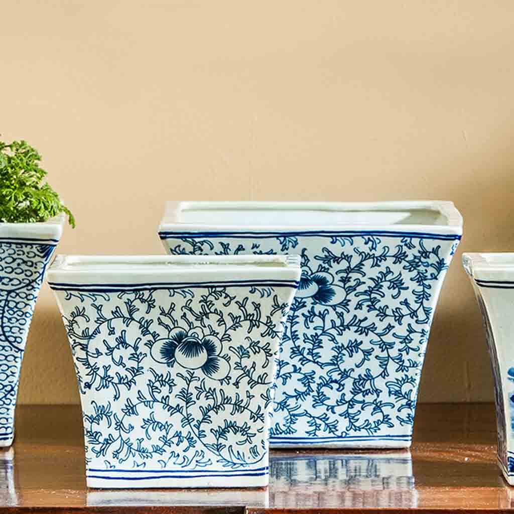 square blue glazed plant pots Square Flared Planter || Blue and White Mix