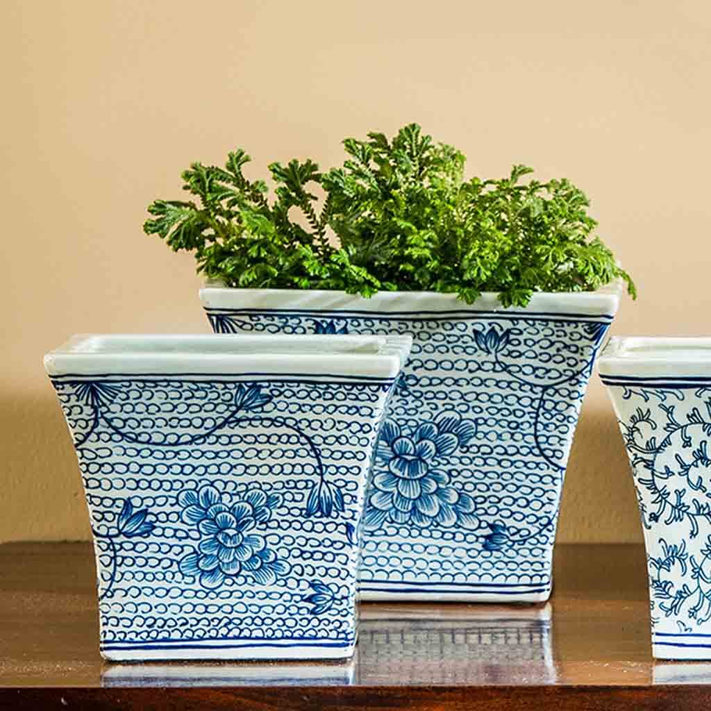 square blue glazed plant pots Square Flared Planter || Blue and White Mix