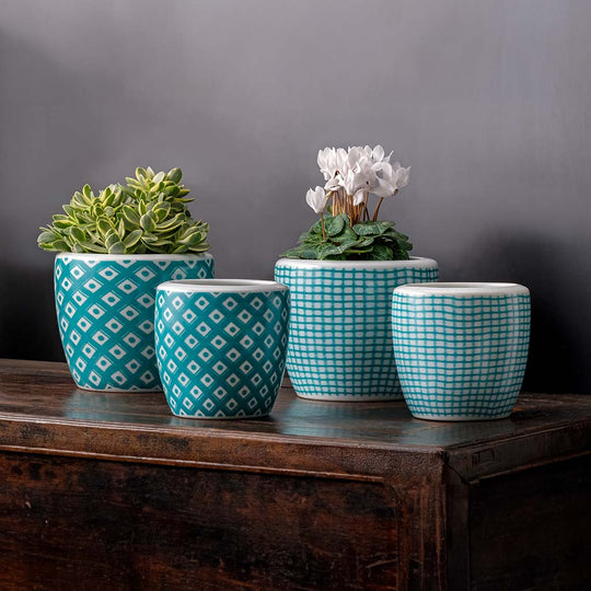 Parquet & Tattersall Planter || Aqua & White