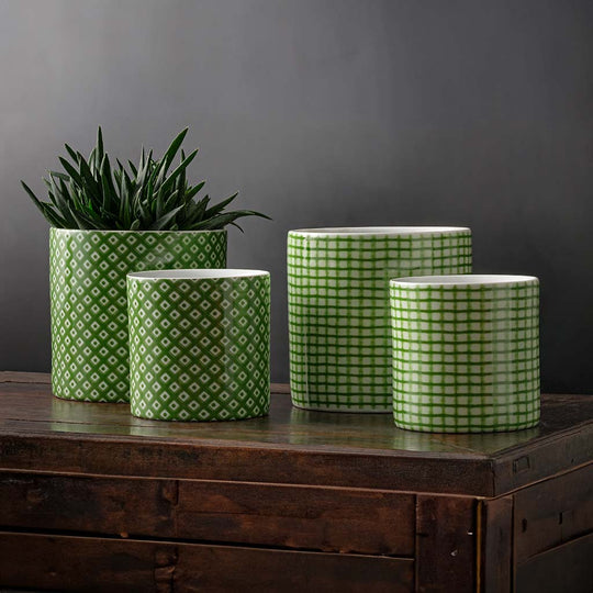 Parquet & Tattersall Planter, Cylinder || Clover & White