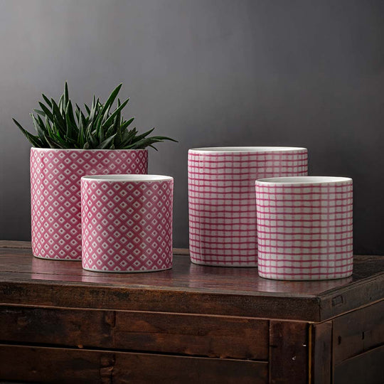 Parquet & Tattersall Planter, Cylinder || Dusty Rose & White