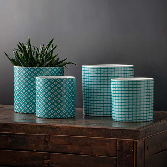 Parquet & Tattersall Planter, Cylinder || Aqua & White