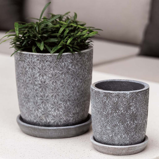 Marguerite Small Round Planter || Etched Grey