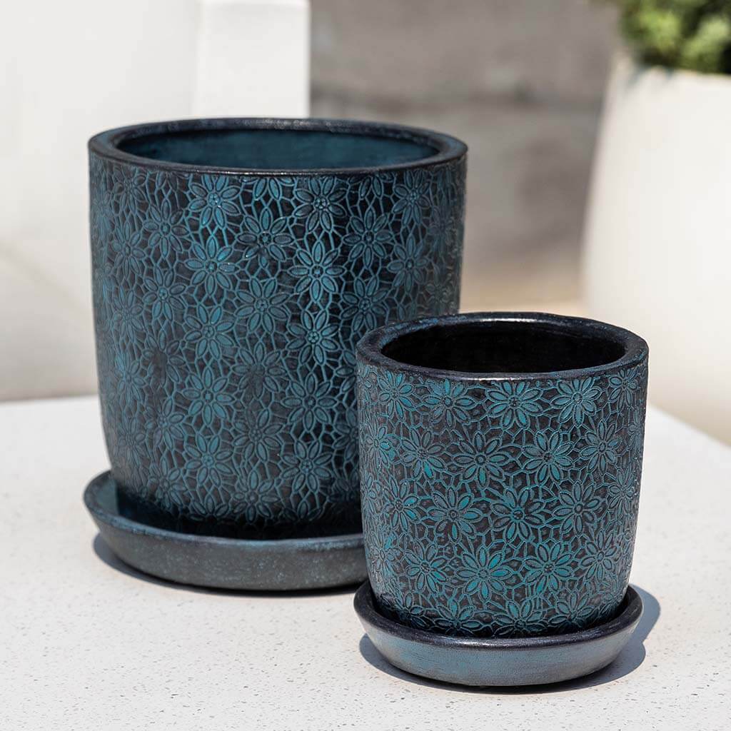 Marguerite Small Round Planter || Etched Blue