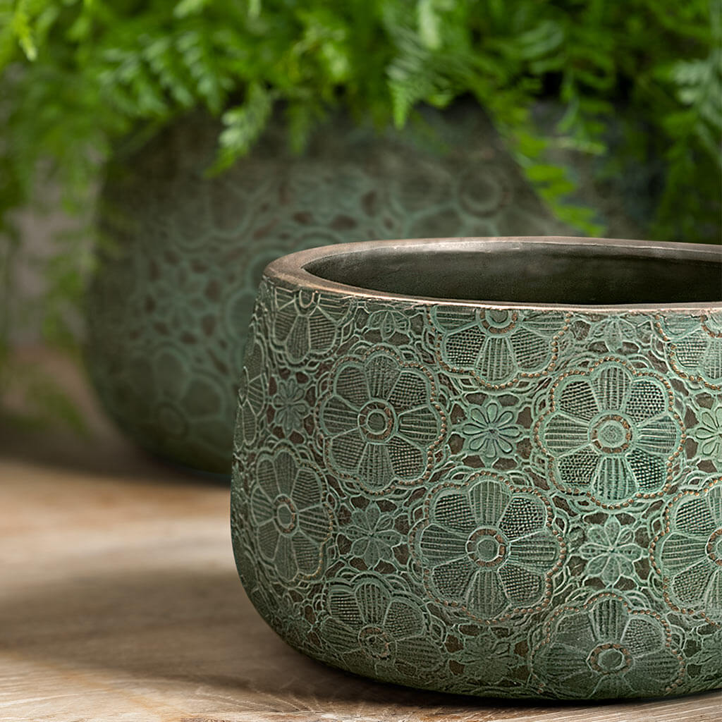 Etched Daisy Planter || Green with Bronze