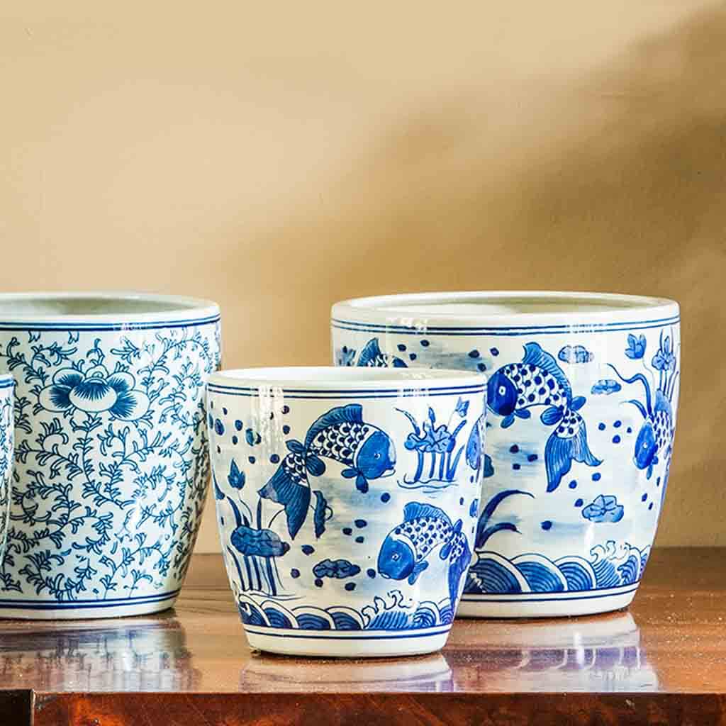blue and white planter pots Cylinder Planter || Blue and White Mix
