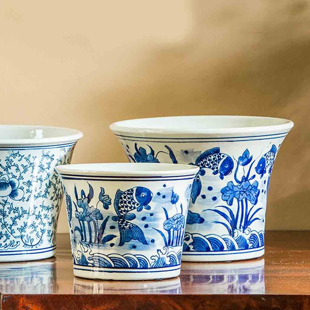 large blue and white planter pots Flared Planter || Blue and White Mix