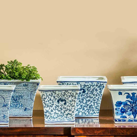 Square Flared Planter || Blue and White Mix
