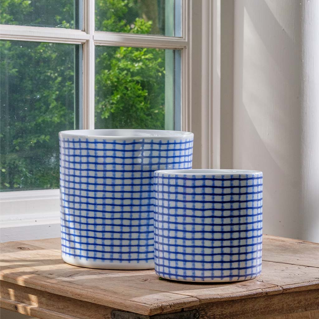 Tattersall Planter, Cylinder || Blue and White Mix